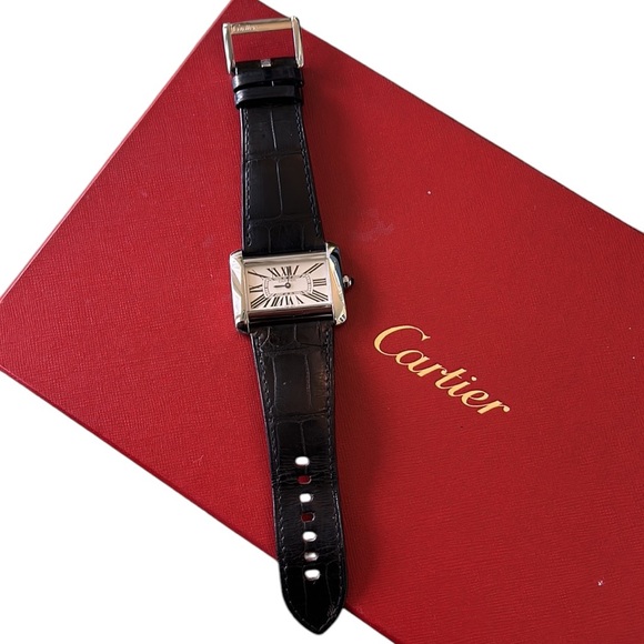 Cartier Divan Tank 38mm Stainless Steel Watch 2600 Black Embossed Leather Band - Picture 1 of 16